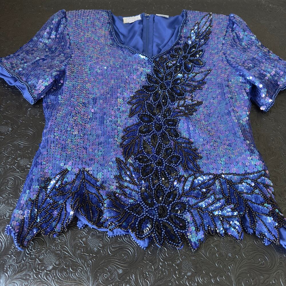 Stenay Cobalt Blue Hand-Beaded Silk Top - Sequin Vintage Glam - Handmade - XL - Picture 8 of 16